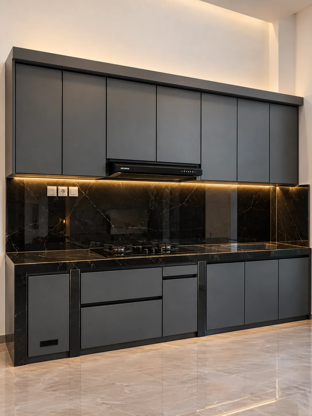 Ilustrasi kitchen set aluminium dengan bidang atas batu gelap
